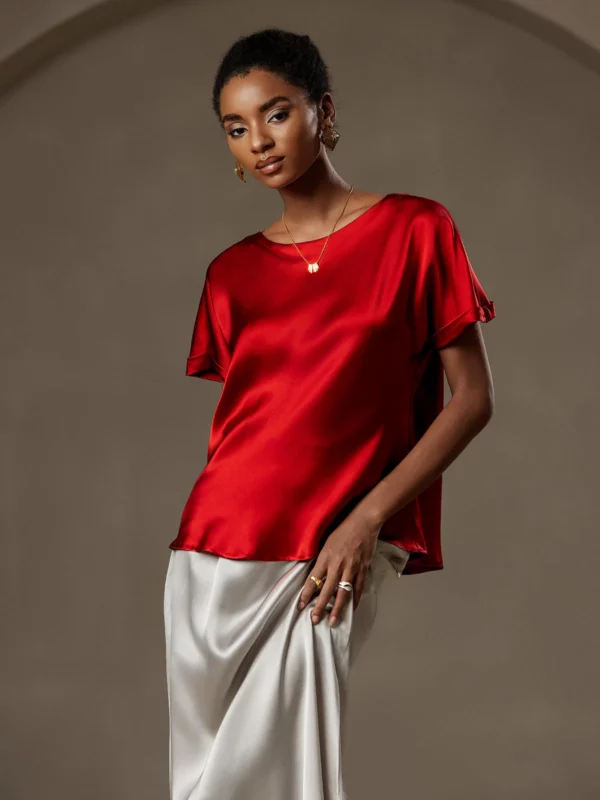 19Momme mulberry Silk Short Sleeve Boat Neck Women's T-Shirt