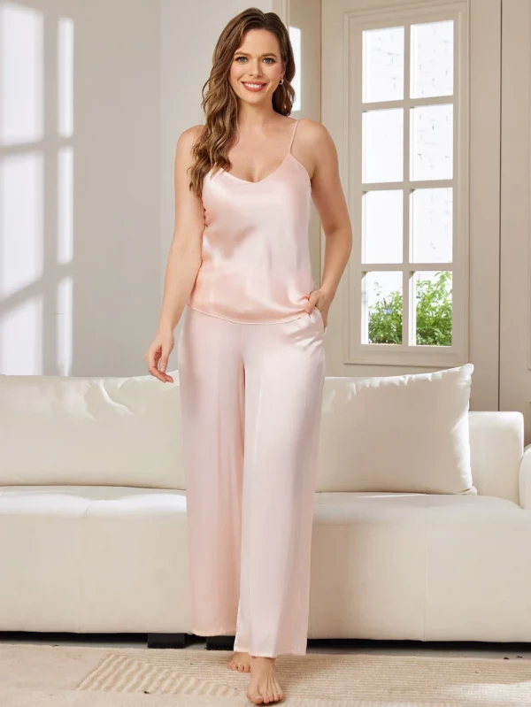 100% mulberry Silk Spaghetti Strap V Neck Cami & Wide Leg Pants Set