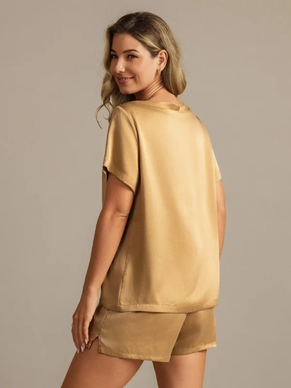 mulberry Silk 19Momme Women's Short Sleeve Round Collar Pajamas Set with Side Pocket Design