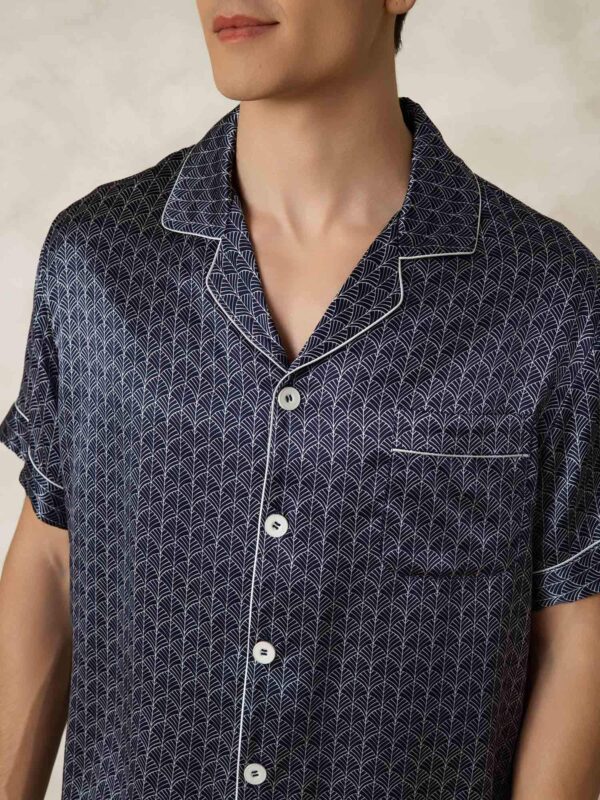 100% mulberry Silk Men's Navy Ginkgo Print Pajamas Set with Short Sleeve and Pants