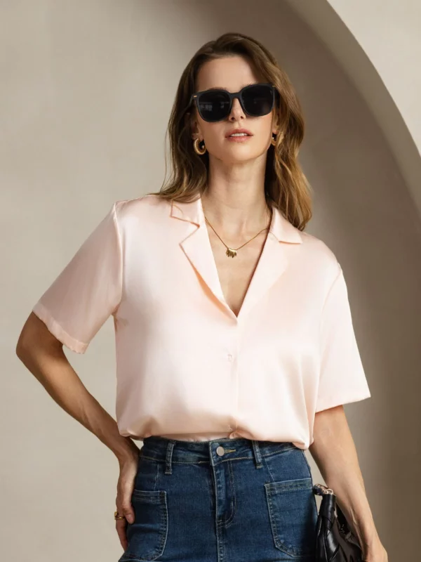 19Momme mulberry Silk Short Sleeve Lapel Women's Shirt with Button Up Design