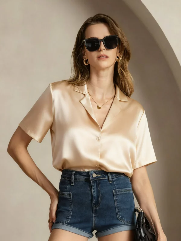 19Momme mulberry Silk Short Sleeve Lapel Women's Shirt with Button Up Design