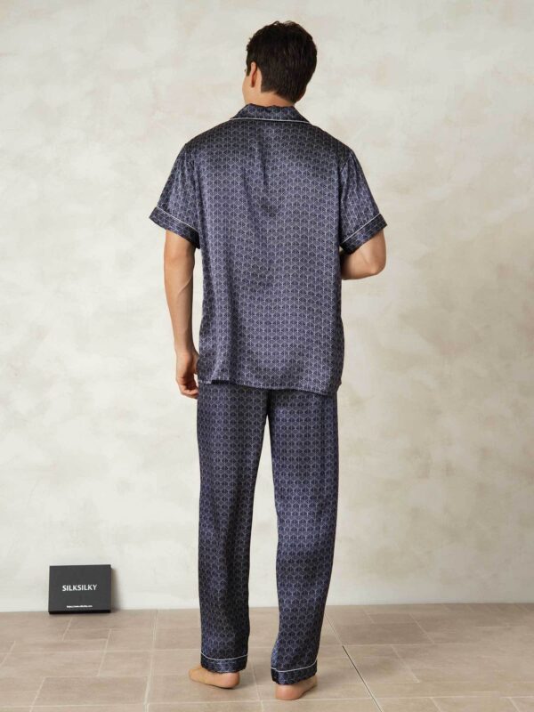 100% mulberry Silk Men's Navy Ginkgo Print Pajamas Set with Short Sleeve and Pants