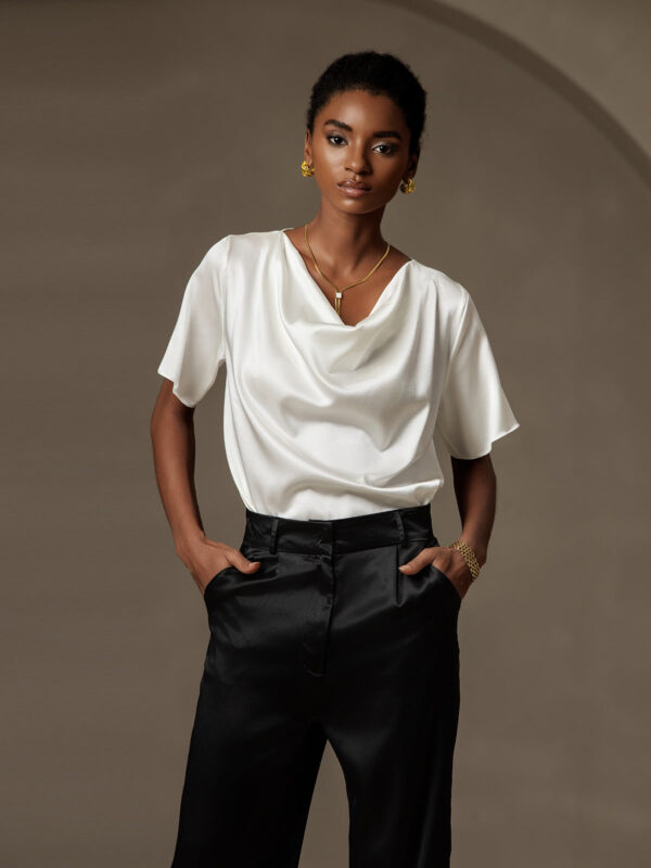 19Momme Women's mulberry Silk Short Sleeve Cowl Neck T-Shirt