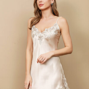 100% mulberry Silk Spaghetti Strap V-back Mini Nightgown with Lace Design - Image 8