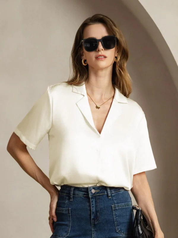 19Momme mulberry Silk Short Sleeve Lapel Women's Shirt with Button Up Design