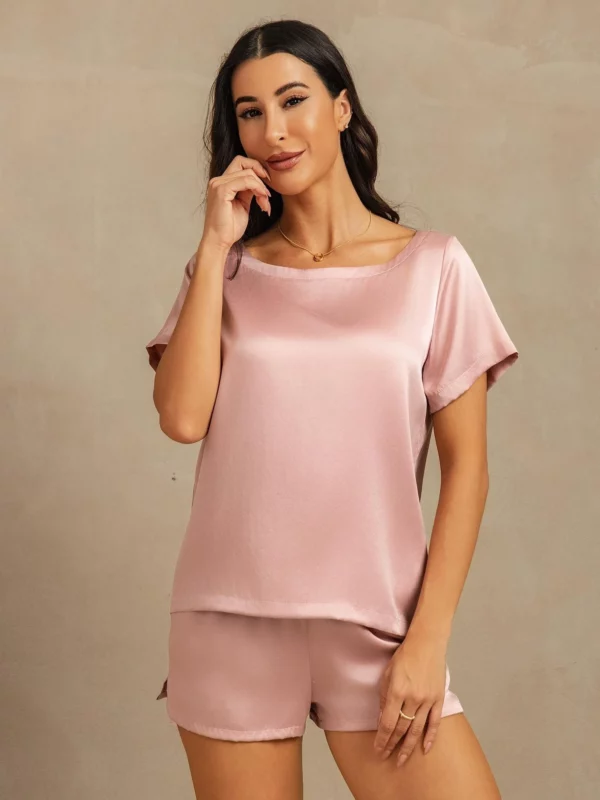 mulberry Silk 19Momme Women's Short Sleeve Round Collar Pajamas Set with Side Pocket Design