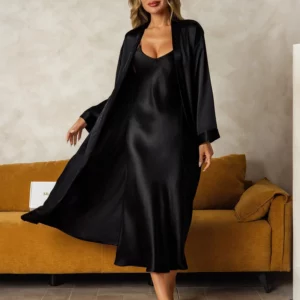 100% mulberry Silk charmeuse V-Neck Midi Nightgown & Robe Set 2Pcs - Image 7