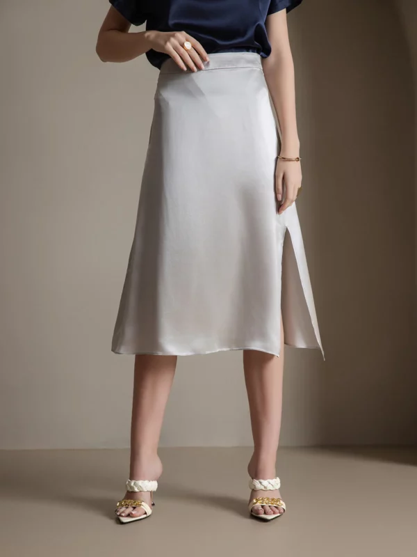 19 momme Mulberry Silk A Line Long Slit satin Skirt with Zipper Design