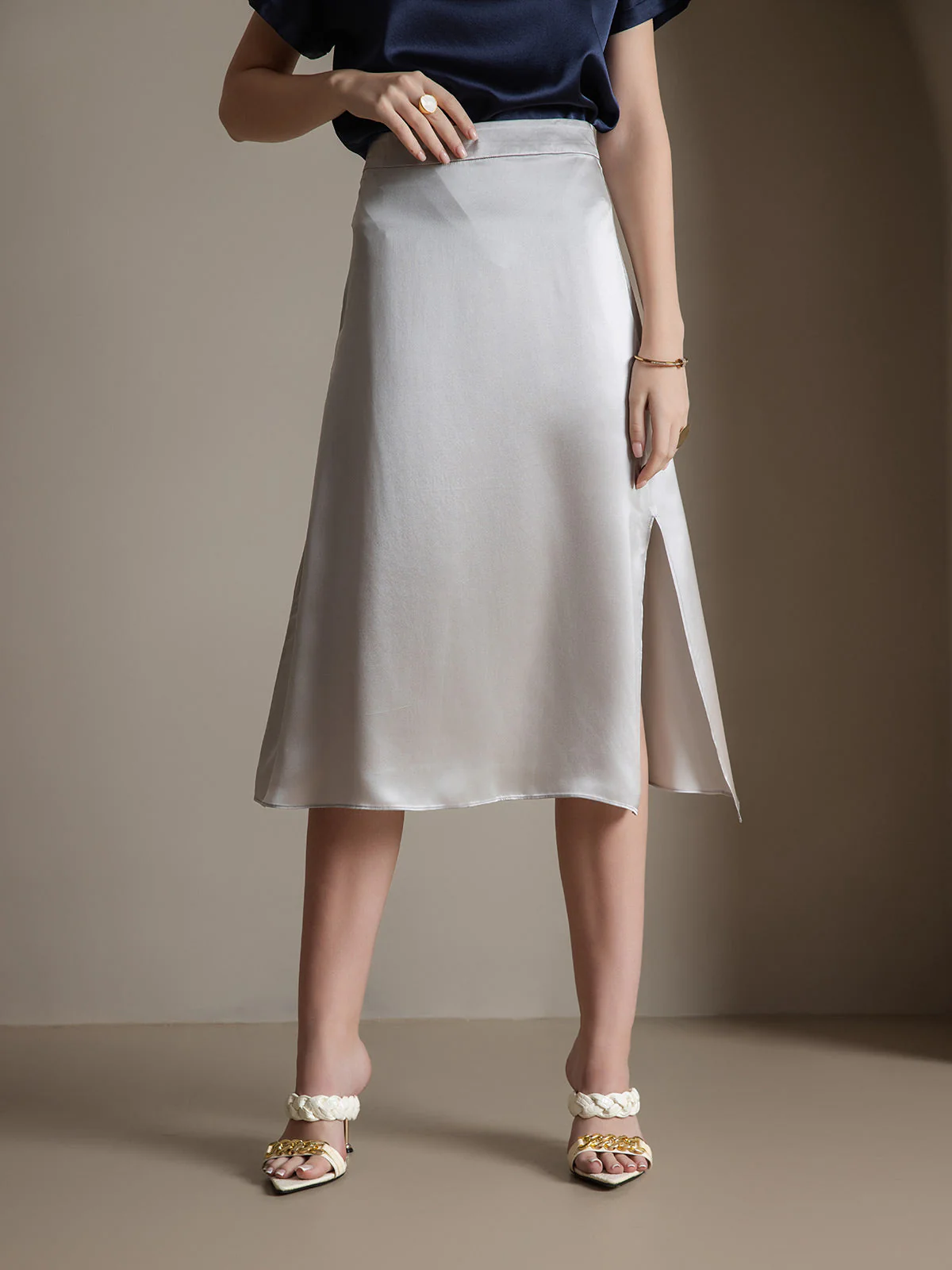 19 momme Mulberry Silk A Line Long Slit satin Skirt with Zipper Design - Image 1