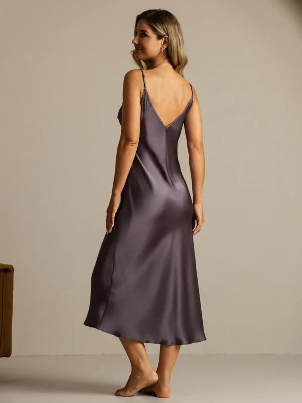 100% mulberry Silk Spaghetti Strap Long Nightgown with Lace Split Design
