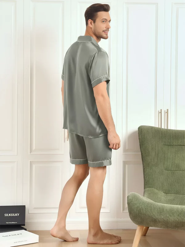 100% mulberry Silk Short Sleeve Notch Collar Men's Pajamas Set with Shorts