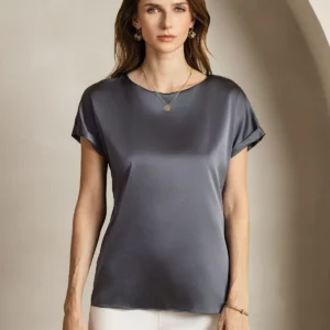 19Momme mulberry Silk Short Sleeve Boat Neck Women's T-Shirt - Image 12