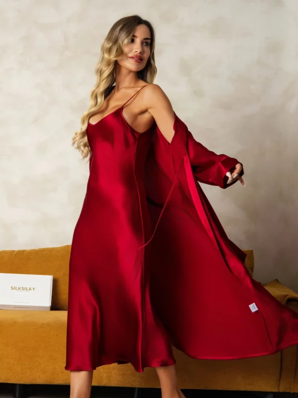 100% mulberry Silk charmeuse V-Neck Midi Nightgown & Robe Set 2Pcs