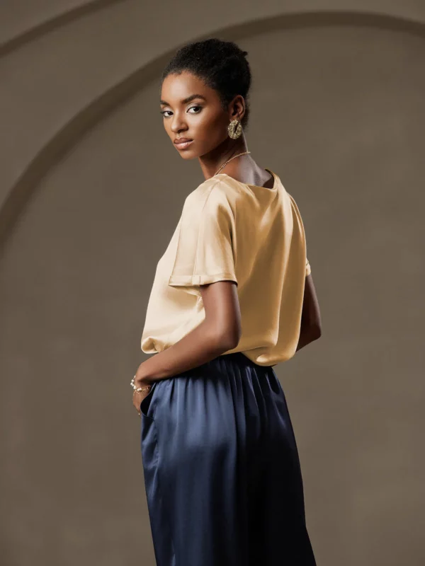 19Momme mulberry Silk Short Sleeve Boat Neck Women's T-Shirt