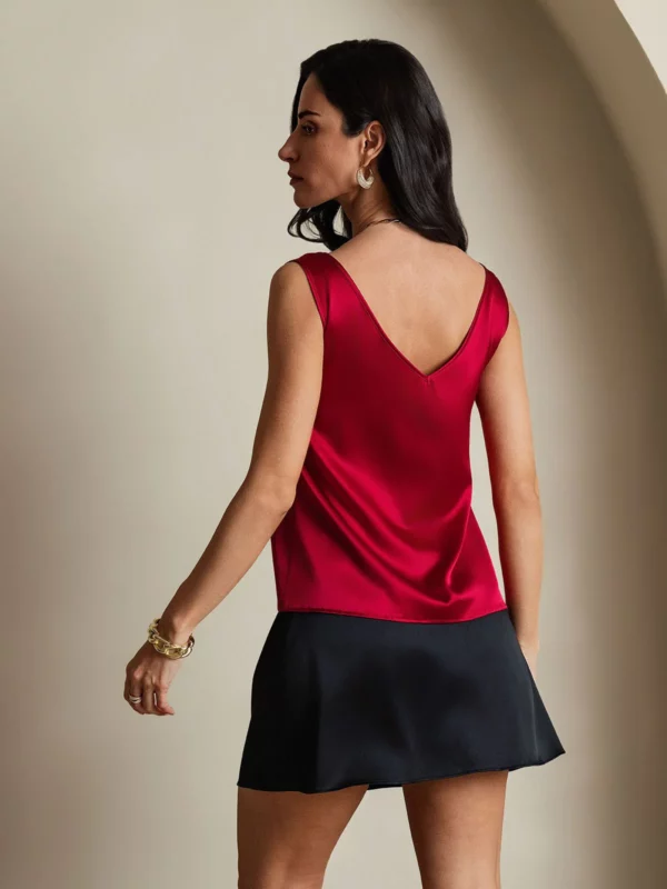 Women's 19Momme Silk Sleeveless V Neck Satin Tank Top with V Back Design
