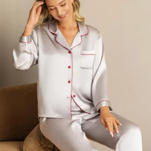 100% mulberry silk Women's Long Sleeve Silk satin Pajamas Set with outlines silhouette - Image 7