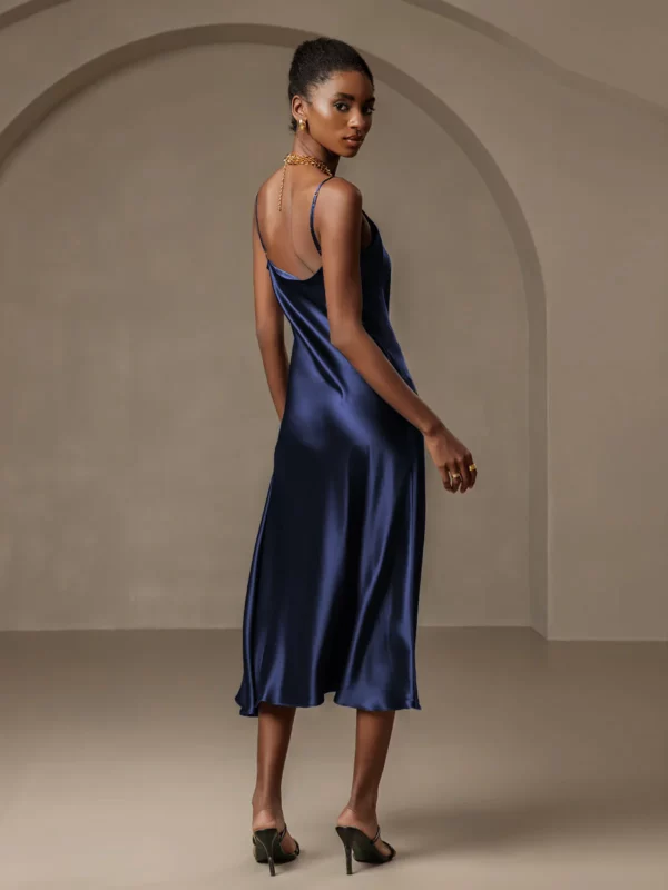 19Momme mulberry Silk Spaghetti strap Cowl Neck Midi Nightgown with Split Design