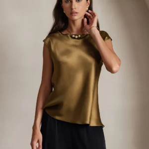 19Momme mulberry Silk Cap Sleeve Round Neck Women's Top - Image 7