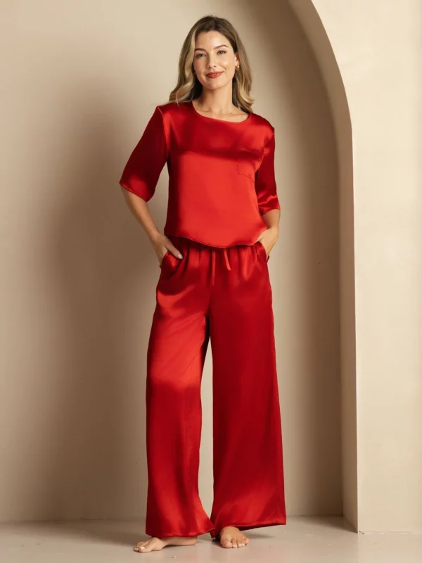 Women's Half Sleeve Round Neck 100% mulberry silk Pajamas Set