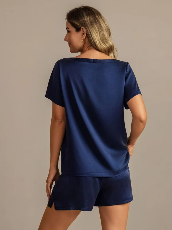 mulberry Silk 19Momme Women's Short Sleeve Round Collar Pajamas Set with Side Pocket Design