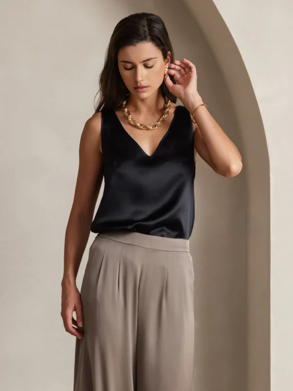 Women's 19Momme Silk Sleeveless V Neck Satin Tank Top with V Back Design