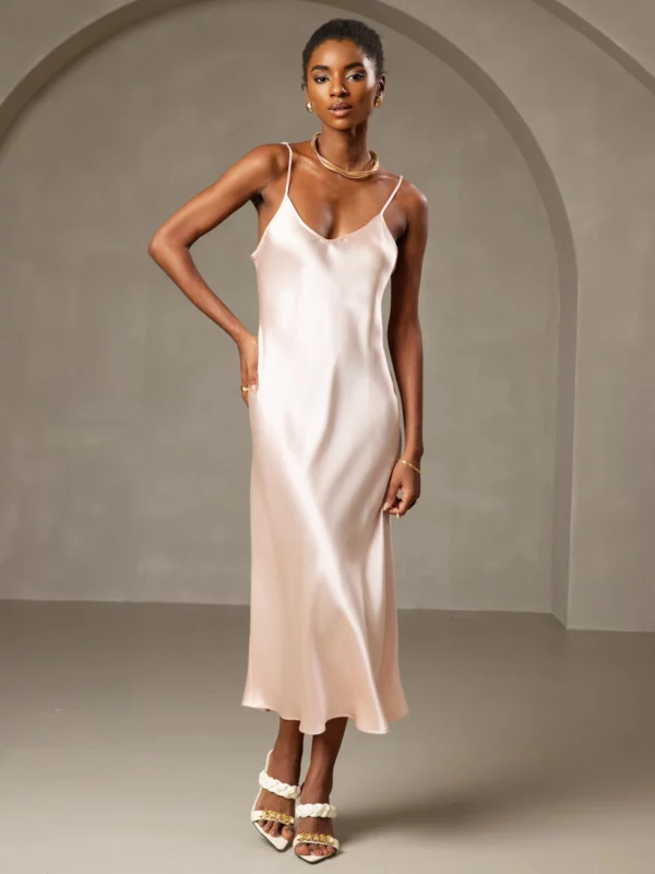 100% mulberry Silk charmeuse Spaghetti Strap Midi Dress