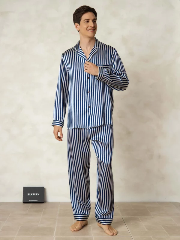 100% mulberry Silk Men's Stripe Print Long Sleeve Pajamas Set with Notch Collar