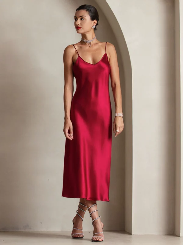 100% mulberry Silk charmeuse Spaghetti Strap Midi Dress