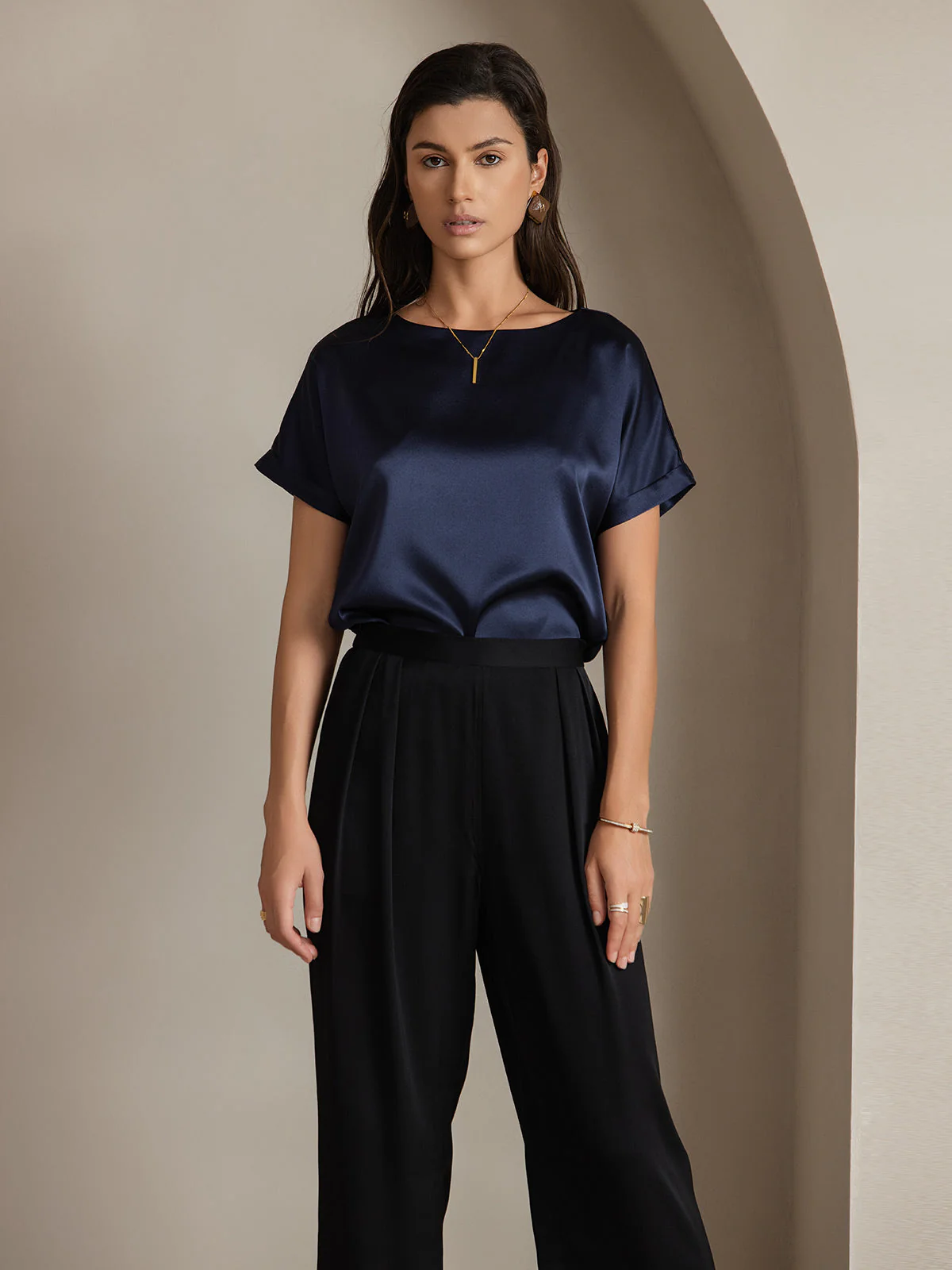 19Momme mulberry Silk Short Sleeve Boat Neck Women