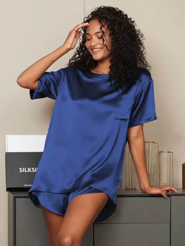 100% mulberry Silk Short Sleeve Round Neck Women's Pajamas Set